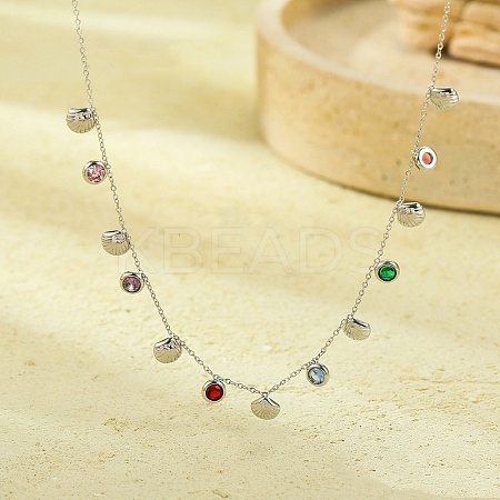 304 Stainless Steel Colorful Cubic Zirconia Flat Round & Shell Shaped Bib Necklaces for Women NJEW-U031-08P-01-1