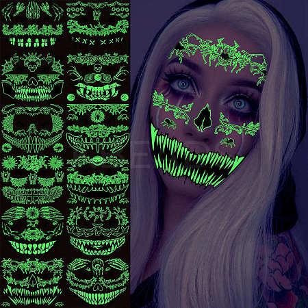 12Pcs 12 Style Luminous Halloween Horror Removable Temporary Tattoos Paper Face Stickers AJEW-G048-07-1
