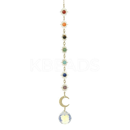 Chakra Natural Gemstone Beads & Brass Sun Moon Hanging Suncatchers HJEW-JM04995-01-1
