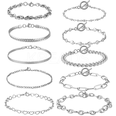 10Pcs 10 Styles Stainless Steel Chain Bracelets Kits BJEW-PH0004-48-1