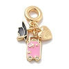 Brass Pink Enamel & Clear Cubic Zirconia Dangle Charms KK-M305-15G-02-1