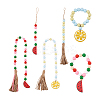 6Pcs 6 Style Wood & Fringed Beaded Pendant Decoration HJEW-CF0001-15-1