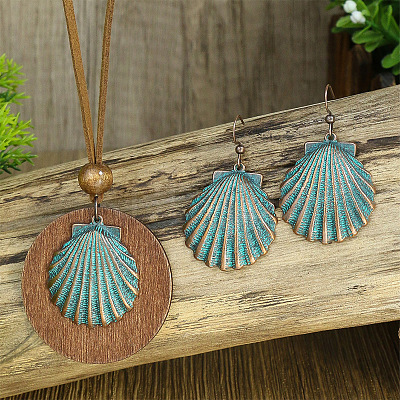 Bohemian Alloy Enamel & Wood Pendant Necklaces & Dangle Earrings Sets WG0DDDA-06-1