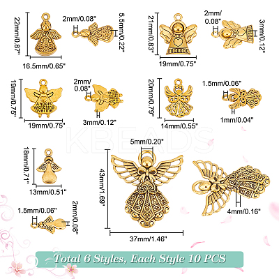 60PCS 6Style Angel Tibetan Style Alloy Pendants TIBEP-PH0001-65-1