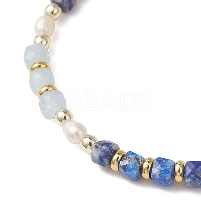 Natural Aquamarine & Natural Lapis Lazuli Cube Beaded Stretch Bracelets for Women BJEW-JB13390-03-1