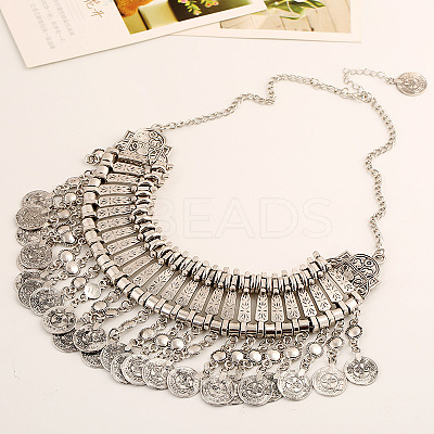 Tibetan Style Zinc Alloy Coin Tassel Chunky Bib Necklaces for Women FS-WG2495A-01-1