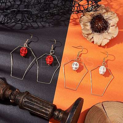 Halloween Skull Synthetic Dyed Turquoise & Copper Wire Dangle Earrings for Women EJEW-JE05884-1
