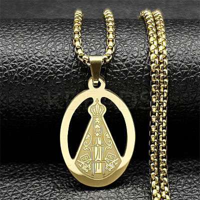201 Stainless Steel Nossa Senhora Aparecida Virgin Mary Pendant Necklaces for Women LS-NJEW-K283-01G-1