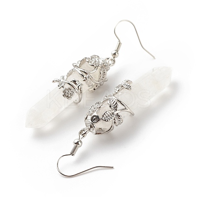 Natural Quartz Crystal Bullet with Flower Dangle Earrings EJEW-G300-02P-05-1