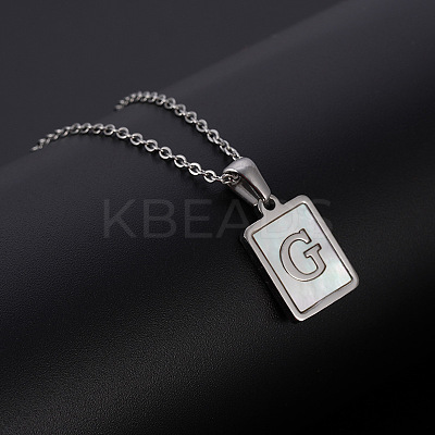 Rectangle Stainless Steel Pave Natural White Shell Pendant Necklaces FS-WG3D812-07-1