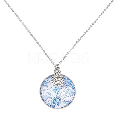 Steel Blue Glass Flat Round & Alloy Pendant Necklace NJEW-JN04453-01-1
