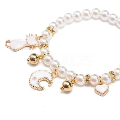 ABS Plastic Imitation Pearl Beaded Stretch Bracelet with Alloy Enamel Charms for Kids BJEW-JB08524-02-1