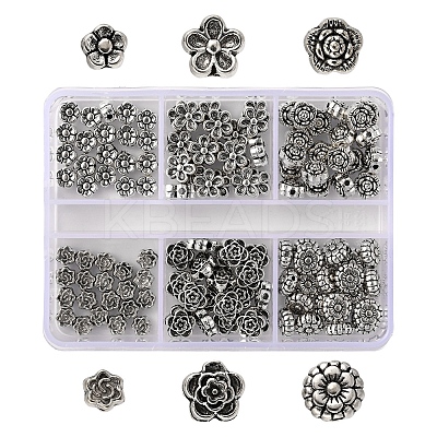 120Pcs 6 Style Tibetan Style Alloy Flower Beads TIBE-YW0001-26-1
