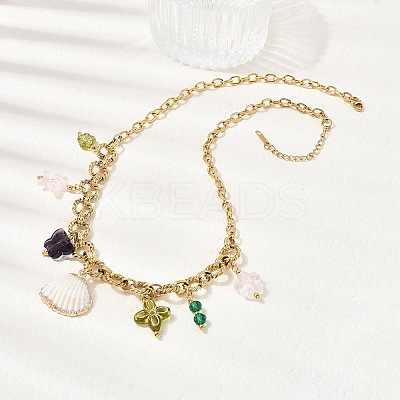 Electroplated Natural Shell & Glass Flower Butterfly Pendant 304 Staniless Steel Chain Necklaces for Women NJEW-A063-14G-1