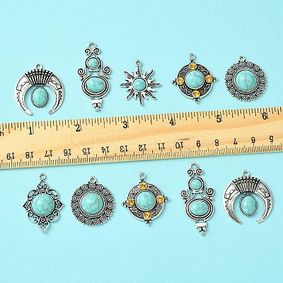 12Pcs 6 Styles Tibetan Style Alloy Pave Imitation Turquoise Pendants FIND-FS0002-81-1