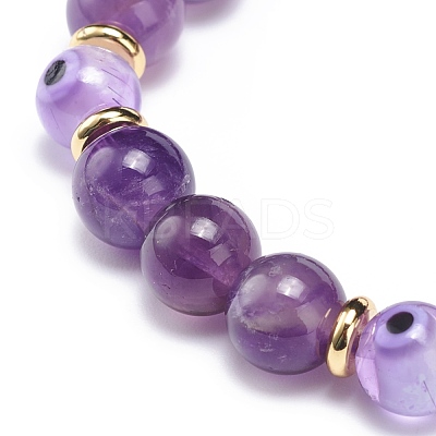 Natural Amethyst & Lampwork Evil Eye Round Beaded Stretch Bracelet BJEW-JB08713-06-1