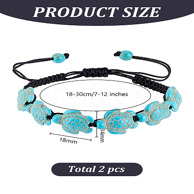 2Pcs Synthetic Turquoise Tortoise Braided Bead Bracelet BJEW-LP0001-03-1