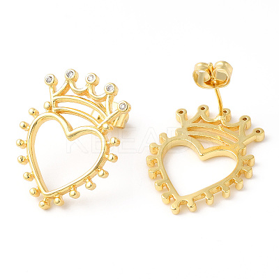 Clear Cubic Zirconia Hollow Heart with Crown Stud Earrings EJEW-R149-06G-1