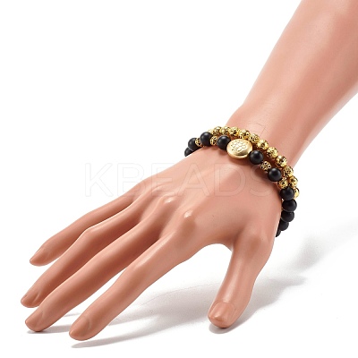 Natural Lava Rock & Synthetic Black Stone Round Beads Energy Stretch Bracelets Set BJEW-JB06969-1