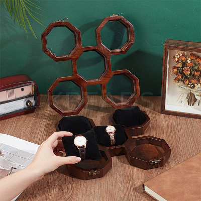 1Pcs 5-Slot Octagonal Acacia Wood Plexiglass Visible Window Watch Organizer Boxes CON-OC0001-72-1