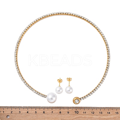 Round Plastic Imitation Pearl Stud Earrings & Cubic Zirconia Rhinestone Cuff Choker Necklaces Sets SJEW-U003-07G-1