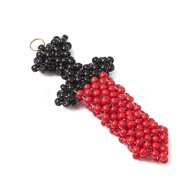 Dagger Shape Glass Seed Beads Beaded Pendants PALLOY-CJ00135-02-1