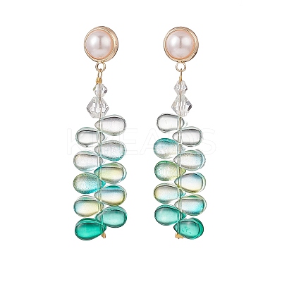 Glass Beaded Leaf Long Dangle Stud Earrings with Imitation Pearl EJEW-TA00140-1