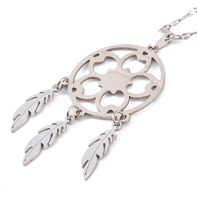 Non-Tarnish Woven Net/Web with Feather 201 Stainless Steel Boho Pendant Necklaces for Women NJEW-G087-04P-1