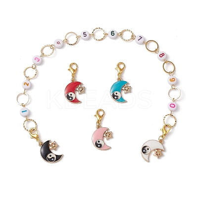 4Pcs Yin-Yang Moon Alloy Enamel Charm Number Acrylic Beaded Knitting Row Counter Chains & Locking Stitch Markers Kits HJEW-JM01632-1