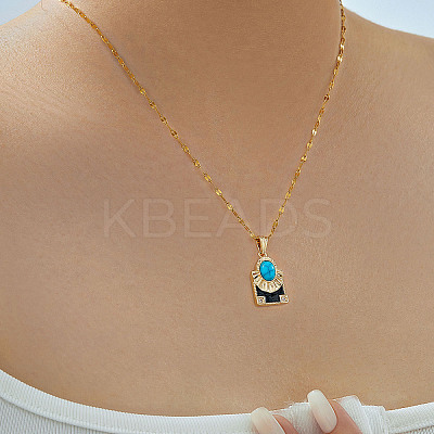 Brass Clear Cubic Zirconia and Black Enamel Rectangle with Oval Pendant Necklaces for Daily Wear AY5004-1-1