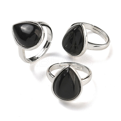 Natural Obsidian Teardrop Adjustable Rings RJEW-K371-08S-08-1