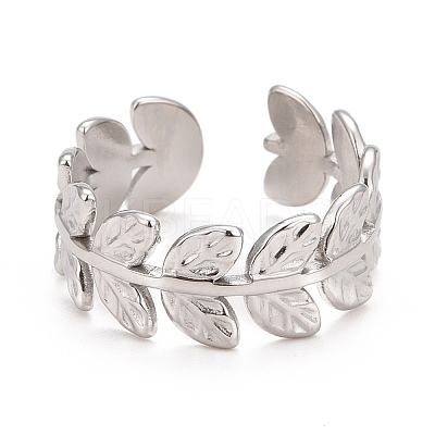 Non-Tarnish 304 Stainless Steel Leaf Wrap Open Cuff Ring for Women RJEW-C025-16P-1