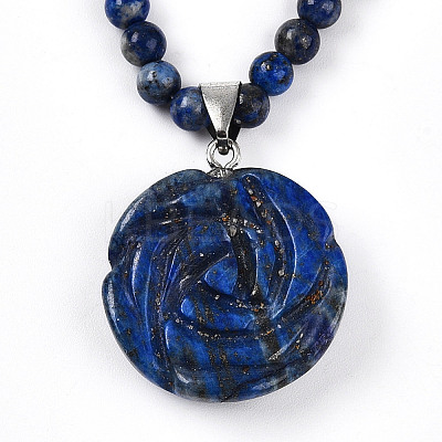 Natural Lapis Lazuli 4.5mm Round Beaded Flower Pendant Necklaces NJEW-T016-04C-1
