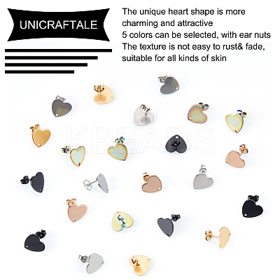 30Pcs 5 Colors Heart Shape PVD Vacuum Plating 304 Stainless Steel Stud Earring Findings EJEW-UN0001-63-1