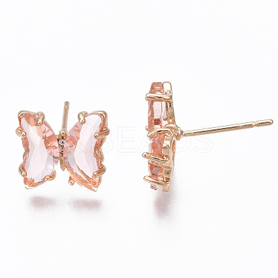 Cubic Zirconia Butterfly Stud Earrings with Glass KK-S365-003-1