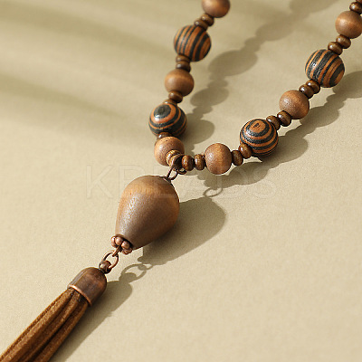 Bohemian Style Alloy with Wood Round Beaded Teardrop Tassel Mala Necklaces FS-WGF1DE6-01-1