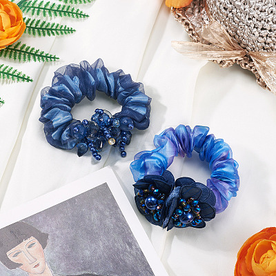 2Pcs 2 Colors Chic Solid Color French Satin Pigtail Hair Tie for Elegant Hairstyles OHAR-TA0001-11-1