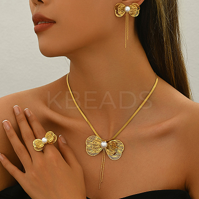 201 Stainless Steel Hollow Bowknot Stud Earrings & Pendant Necklaces & Rings Sets for Women QB7750-1