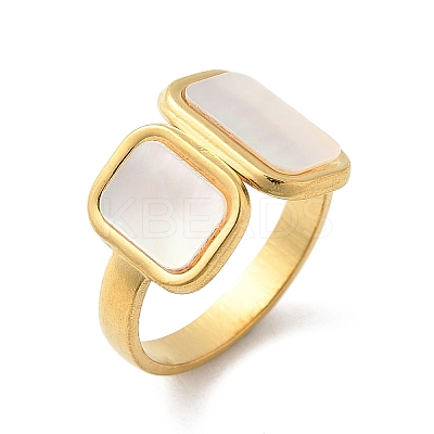 Rectangle 304 Stainless Steel White Shell Cuff Rings for Women RJEW-G346-04G-02-1