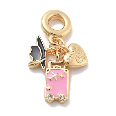 Brass Pink Enamel & Clear Cubic Zirconia Dangle Charms KK-M305-15G-02-1