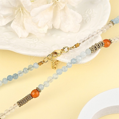 Natural Aquamarine & Quartz Crystal & Carnelian Faceted Round Beaded Necklaces NJEW-YW00007-1