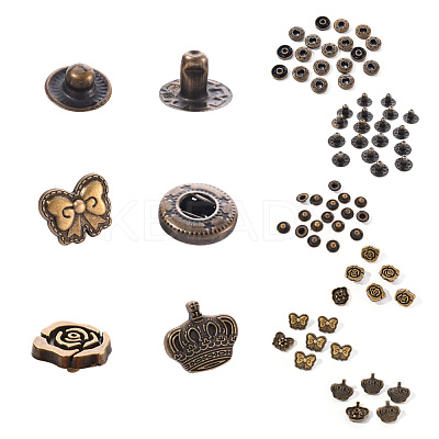 18 Sets Crown & Bowknot & Rose Flower Brass Leather Snap Buttons Fastener Kits SNAP-YW0001-05AB-1