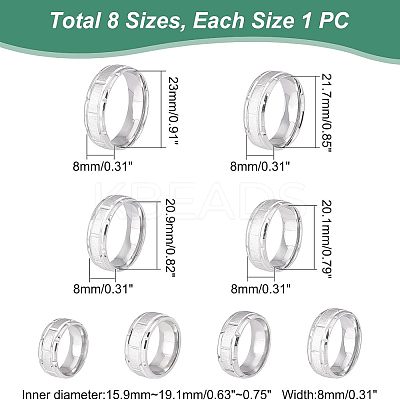 8Pcs 8 Size 201 Stainless Steel Grooved Finger Ring for Men Women RJEW-DC0001-11-1