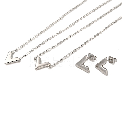 Non-Tarnish Letter V 304 Stainless Steel Pendant Necklaces & Bracelets & Stud Earrings Sets for Women SJEW-C004-04P-1