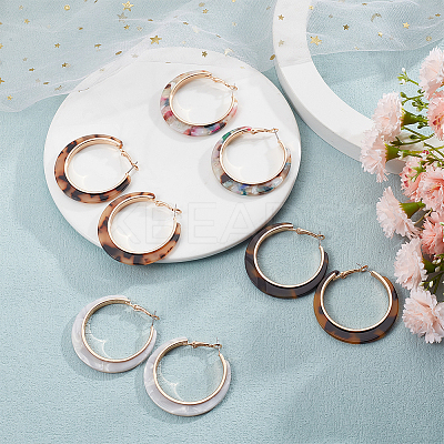 4 Pairs 4 Colors Cellulose Acetate(Resin) Hoop Earrings with Alloy Pins EJEW-AN0004-51-1