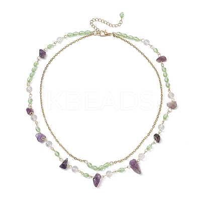 Natural Amethyst Chip & Glass & 304 Stainless Steel Handmade Link Chain Double Layer Necklaces for Women NJEW-JN05363-02-1