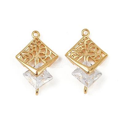 Brass Clear Cubic Zirconia Rhombus Tree of Life Connector Charms KK-B137-17G-1