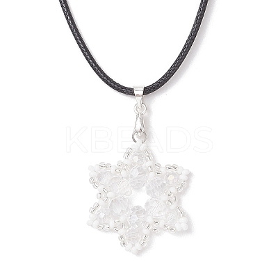 Electroplate Glass & TOHO Round Seed Beaded Snowflake Pendant Black Waxed Cotton Cord Necklaces for Women NJEW-MZ00125-1