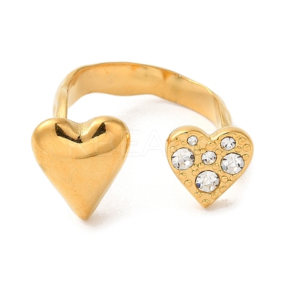 Heart 304 Stainless Steel Micro Pave Cubic Zirconia Open Cuff Rings RJEW-S415-01G-01-1