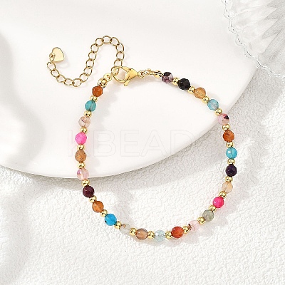 Natural Agate & Brass Round Beaded Bracelets for Women BJEW-JB12852-1